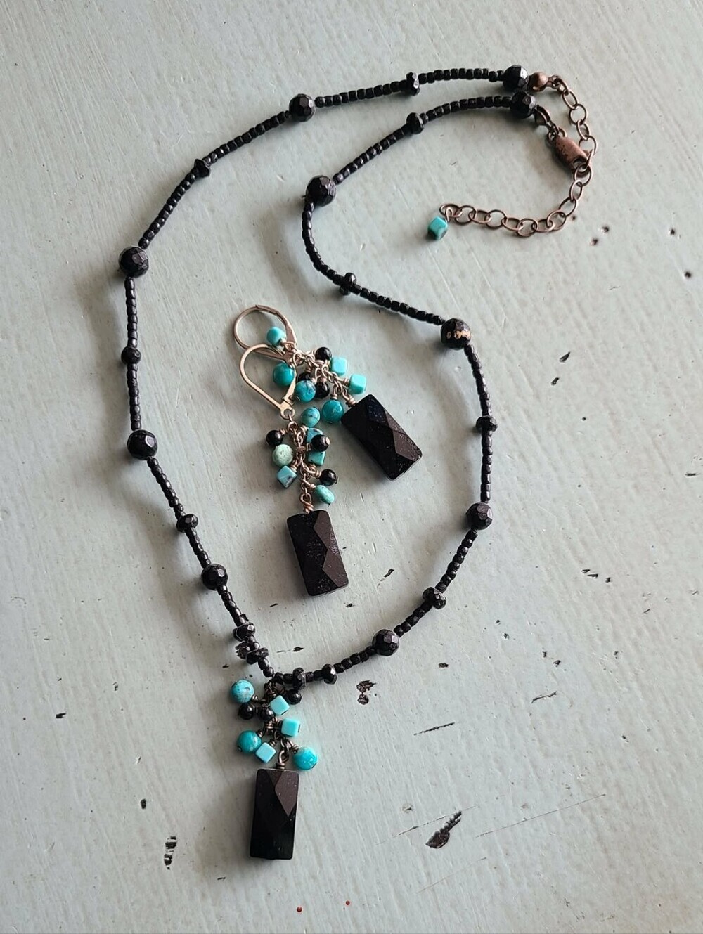 Beaded Turquoise And Black Pendant Necklace & Earrings Set